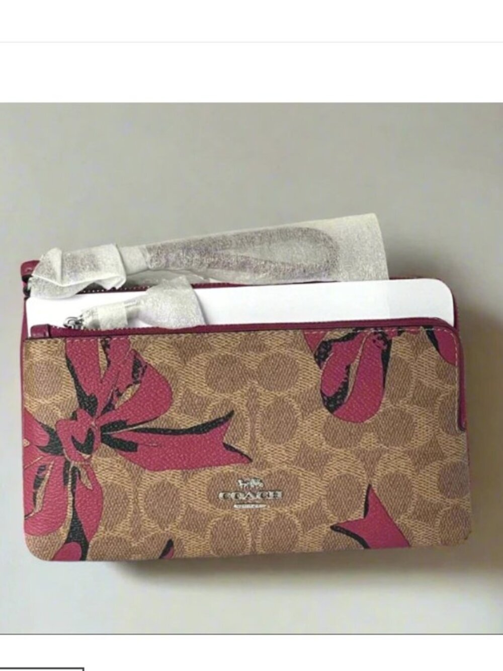 Coach CAA84 Double Zip Phone Wallet Red Bow Signature Canvas Wristlet